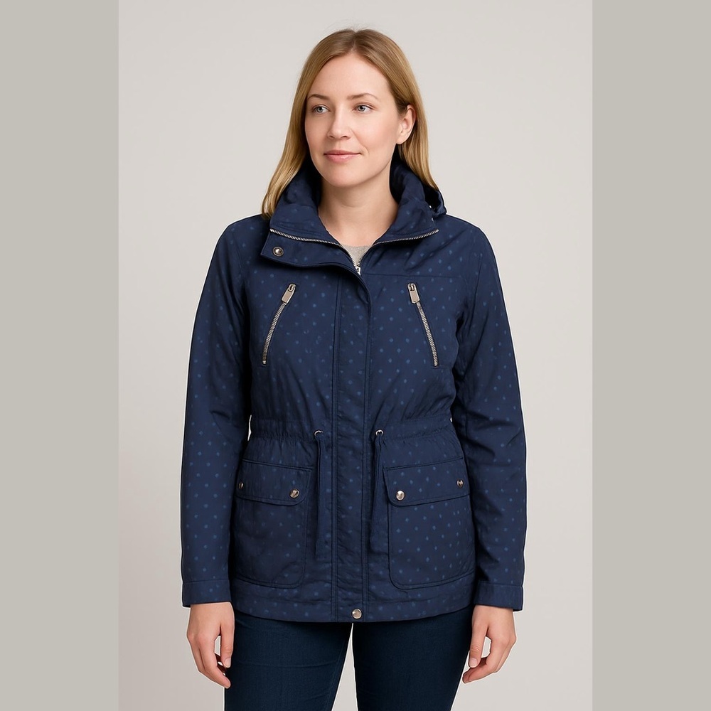 BCBG Navy Polka Dot Utility Hooded Rain Jacket Sz L